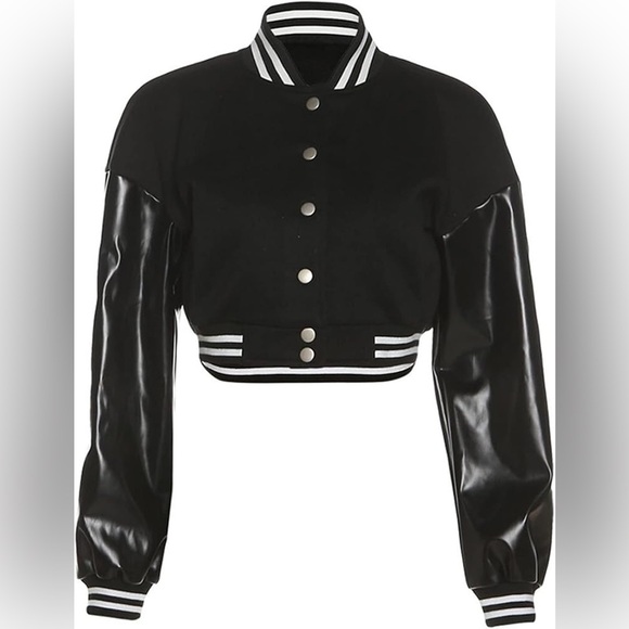 NWOT Fashion Nova Cropped Varsity Jacket Black Faux Leather Sleeve Sz Small Y2K - Picture 4 of 13